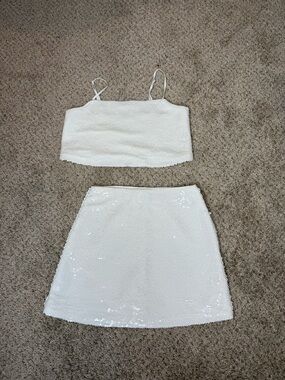 Abercrombie & Fitch White Sequin Two-Piece Crop Top & Mini Skirt Set